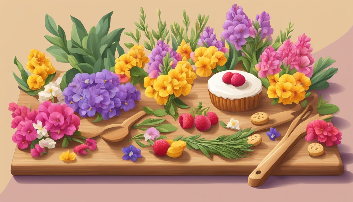 A colorful array of snapdragons and other edible flowers arranged on a wooden cutting board, surrounded by baked goods and baking tools