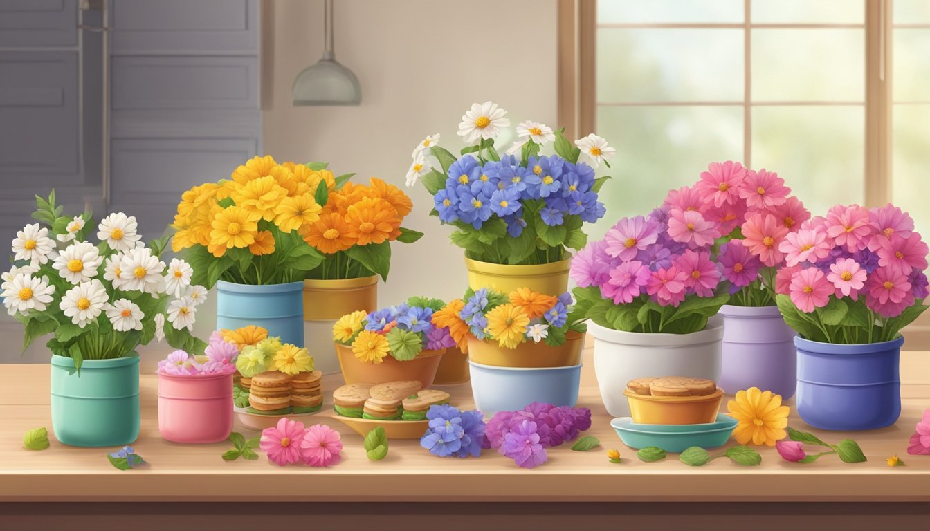 A table with a variety of colorful edible flowers arranged in small containers, ready to be used to decorate baked goods