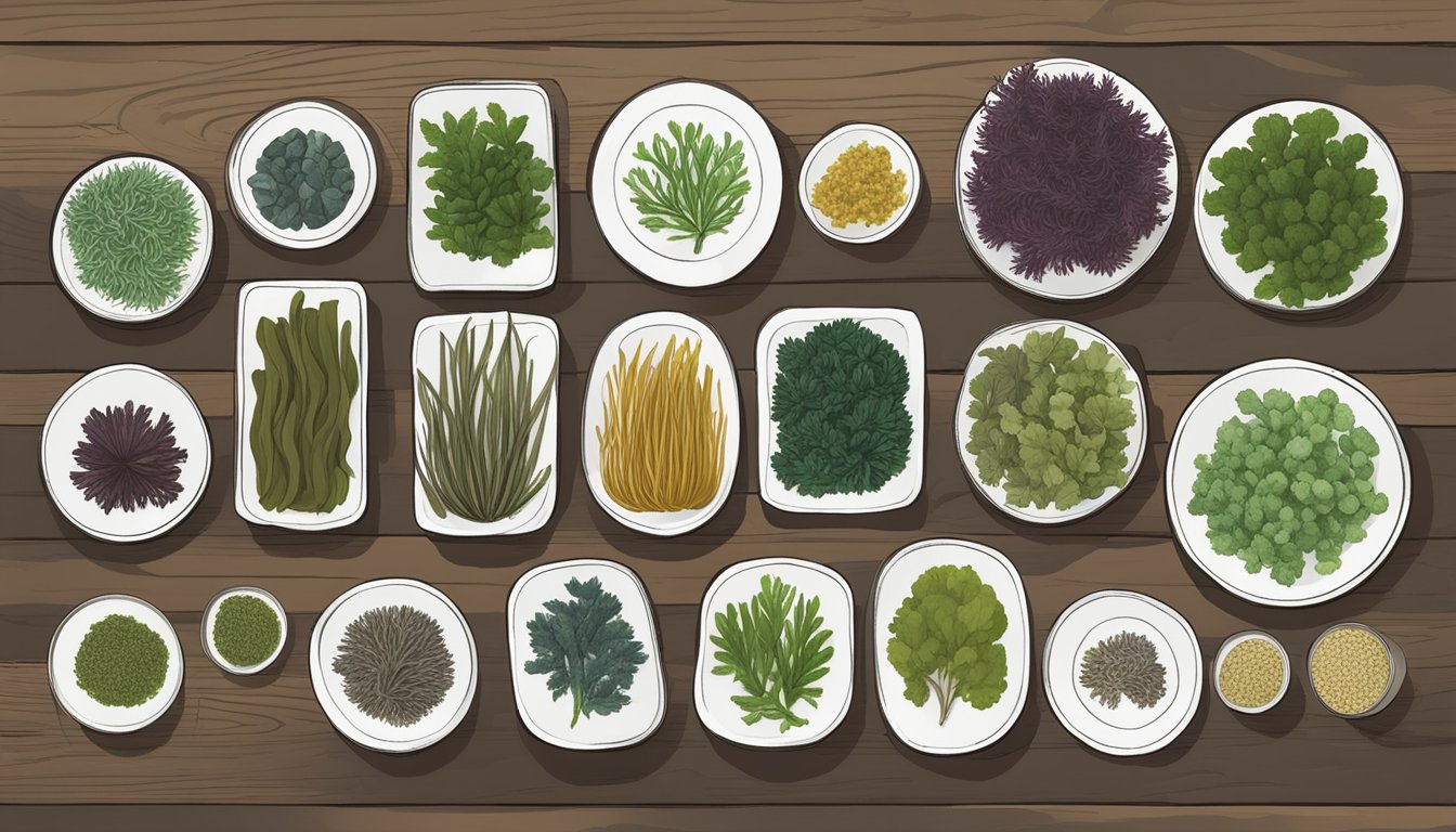 A variety of edible seaweeds arranged on a rustic wooden table, including nori, dulse, kelp, wakame, and agar. Each seaweed is neatly displayed and labeled for easy identification