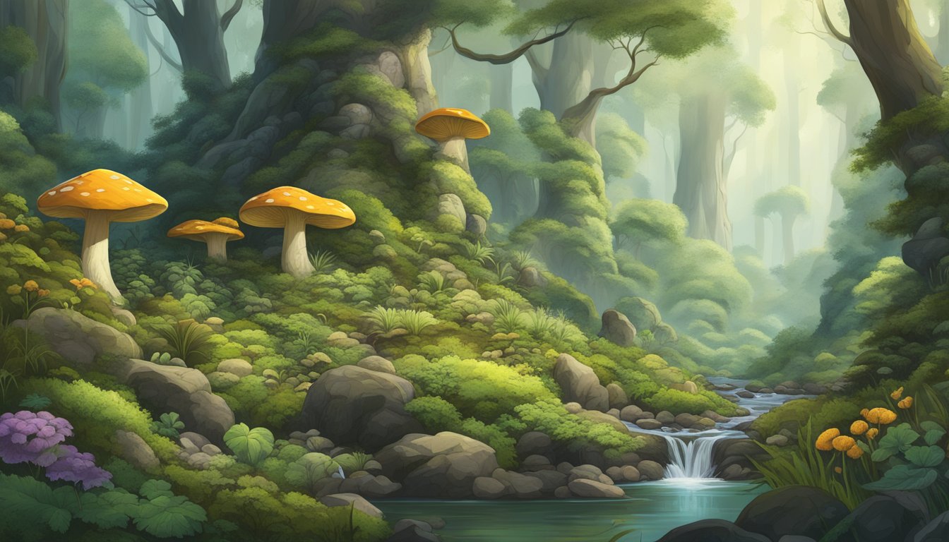 Lush forest with towering trees, moss-covered rocks, and a variety of edible plants and fungi scattered throughout the landscape