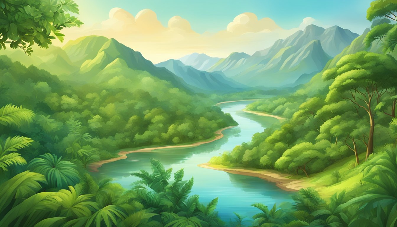 A lush forest with diverse flora and fauna, a winding river, and a variety of landscapes from mountains to coastlines