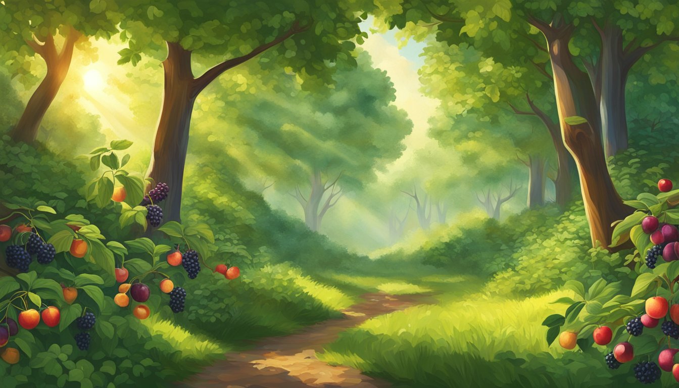 A lush forest clearing with wild fruits like apples, blackberries, plums, and cherries growing abundantly, surrounded by vibrant green foliage and dappled sunlight filtering through the trees