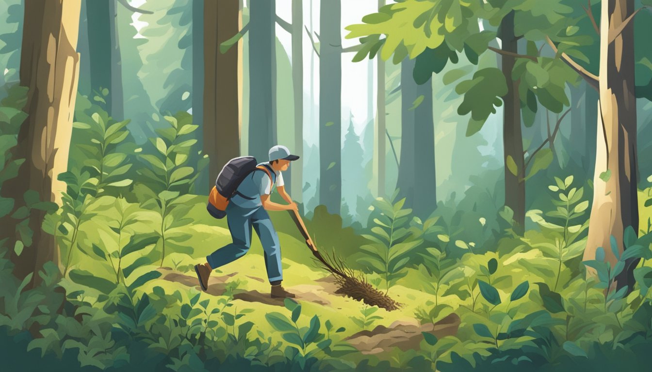 A person gathering mulberry bark and other wild plants in a forest clearing