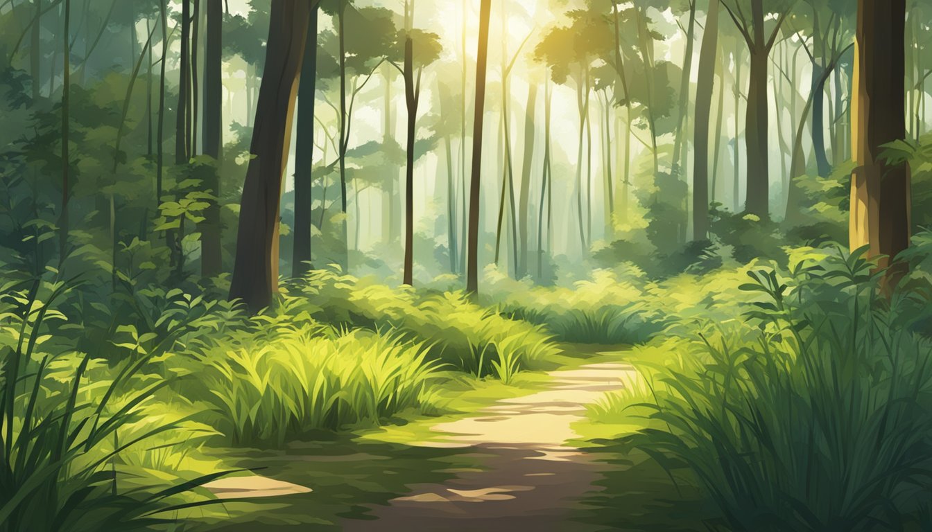 A lush forest clearing with various wild plants like papyrus, reeds, and grasses. Sunlight filters through the trees, casting dappled shadows on the ground