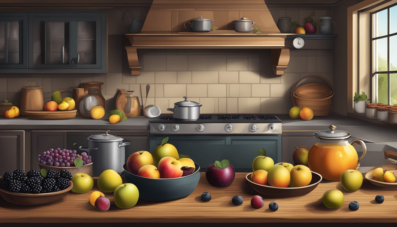 A rustic kitchen counter with a variety of wild fruits such as apples, blackberries, plums, and quinces, alongside a pot of simmering fruit mixture