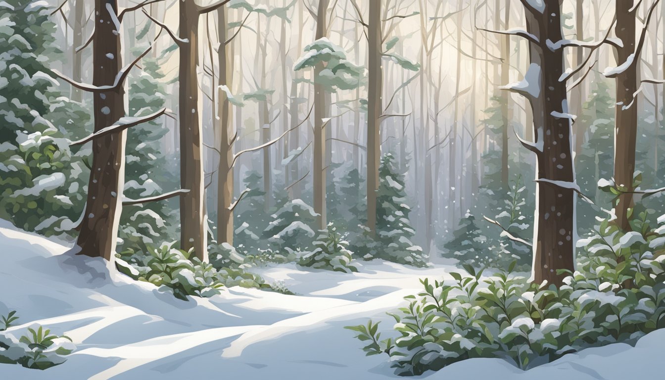 A snowy forest clearing with various wild edible plants like bayberry, wintergreen, and pine needles scattered throughout the ground