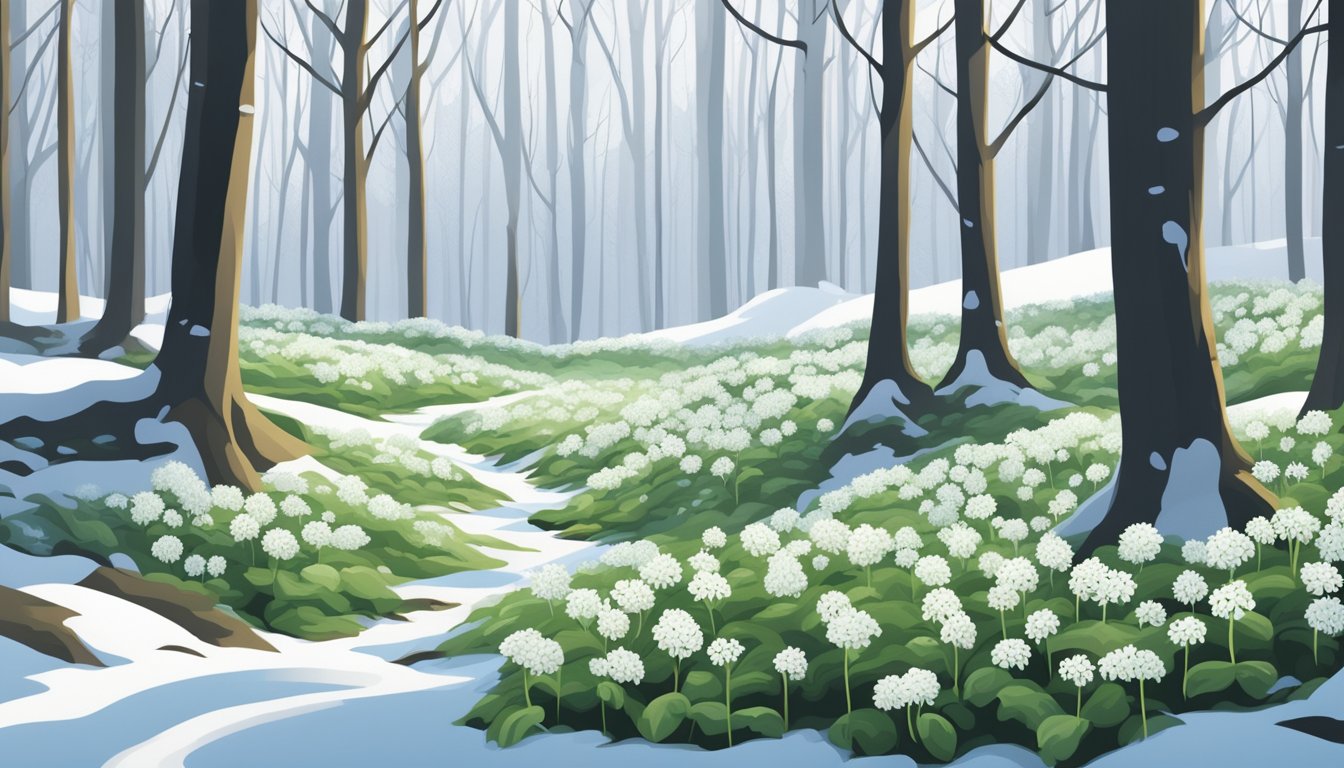 A snowy forest floor with patches of wild garlic peeking through the white blanket, surrounded by bare trees and a serene winter atmosphere