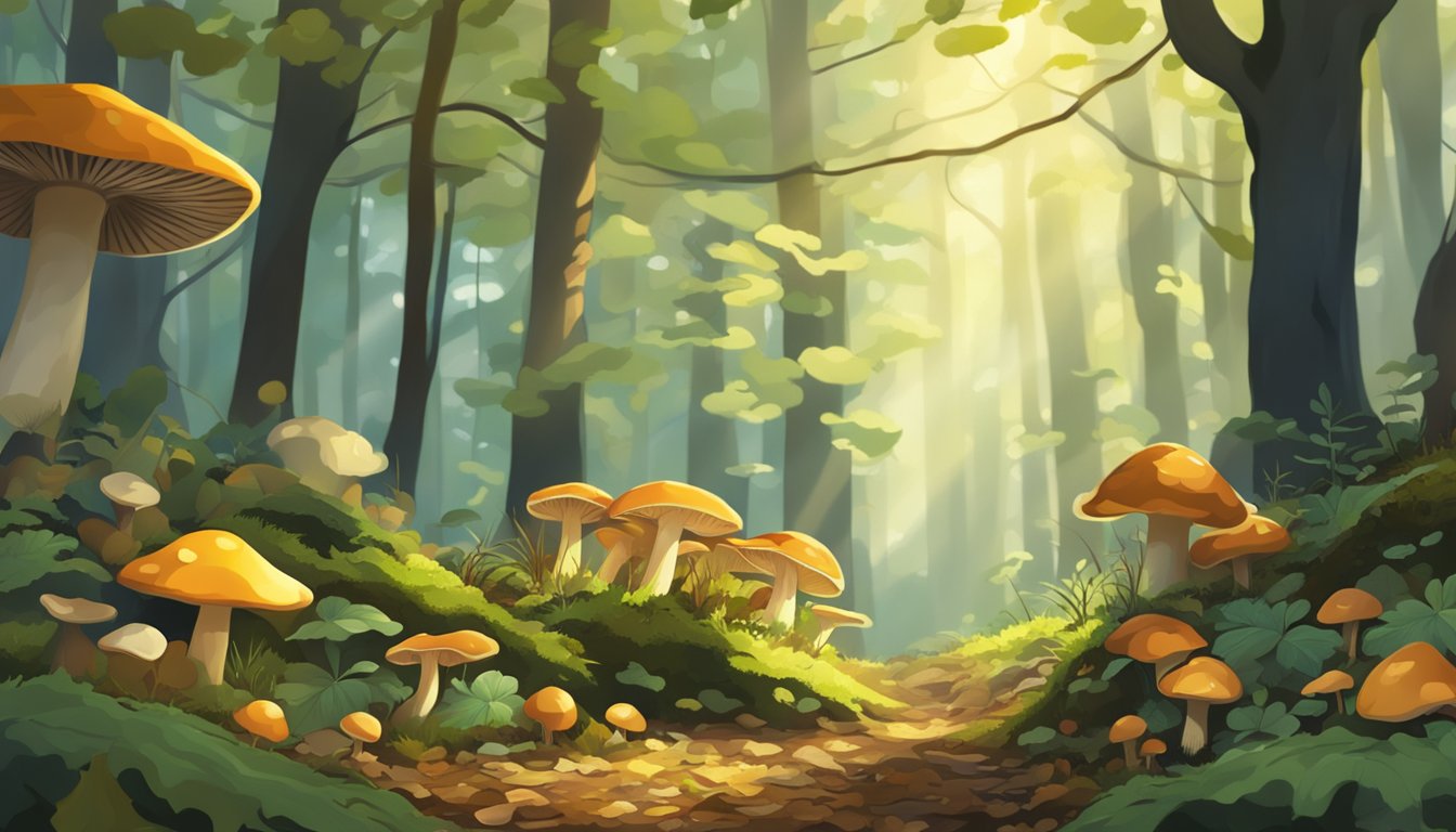 A lush forest floor with various types of wild mushrooms growing among the fallen leaves and moss, with dappled sunlight filtering through the dense canopy above