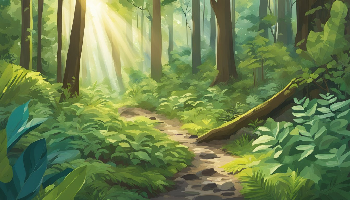 A lush forest in Asheville, NC, filled with a variety of edible plants. The sunlight filters through the trees, highlighting the vibrant greenery on the forest floor