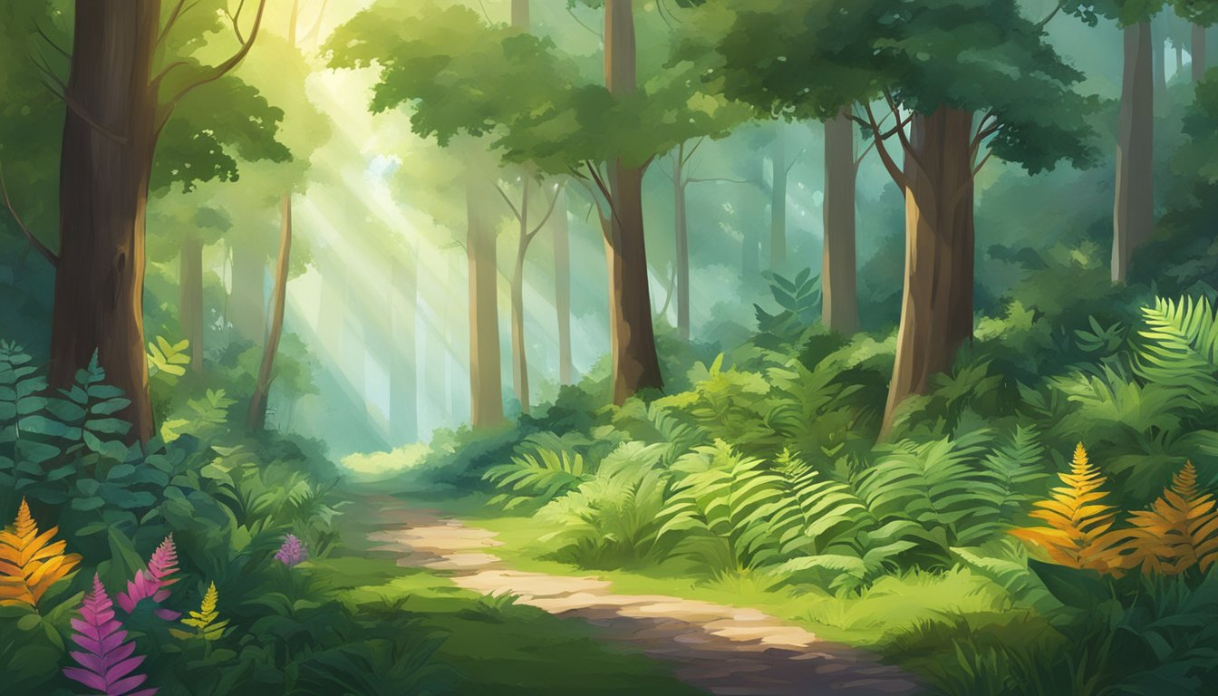 A lush forest with a variety of wild plants, including ferns, grasses, and flowers. Sunlight filters through the canopy, highlighting the vibrant greenery