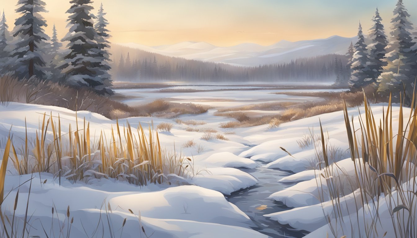 A snowy landscape with cattails and various wild edibles scattered across the ground