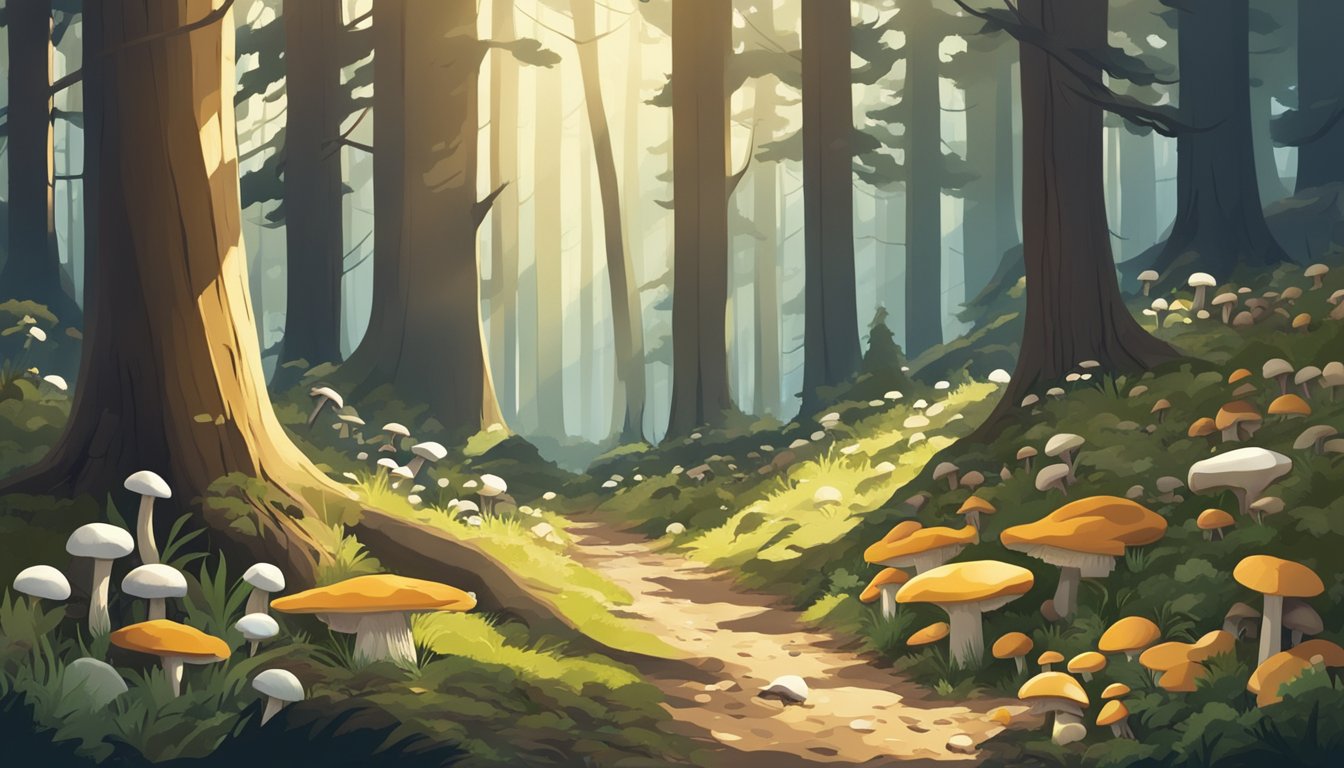 A forest floor in the Italian Alps, dotted with various types of mushrooms in different shapes and colors. Sunlight filters through the trees, casting dappled shadows on the ground