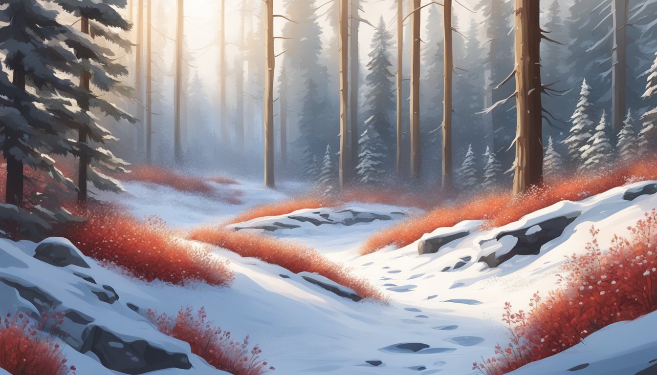 A snowy forest floor with red cranberries scattered among the white snow, surrounded by pine trees and dried grasses