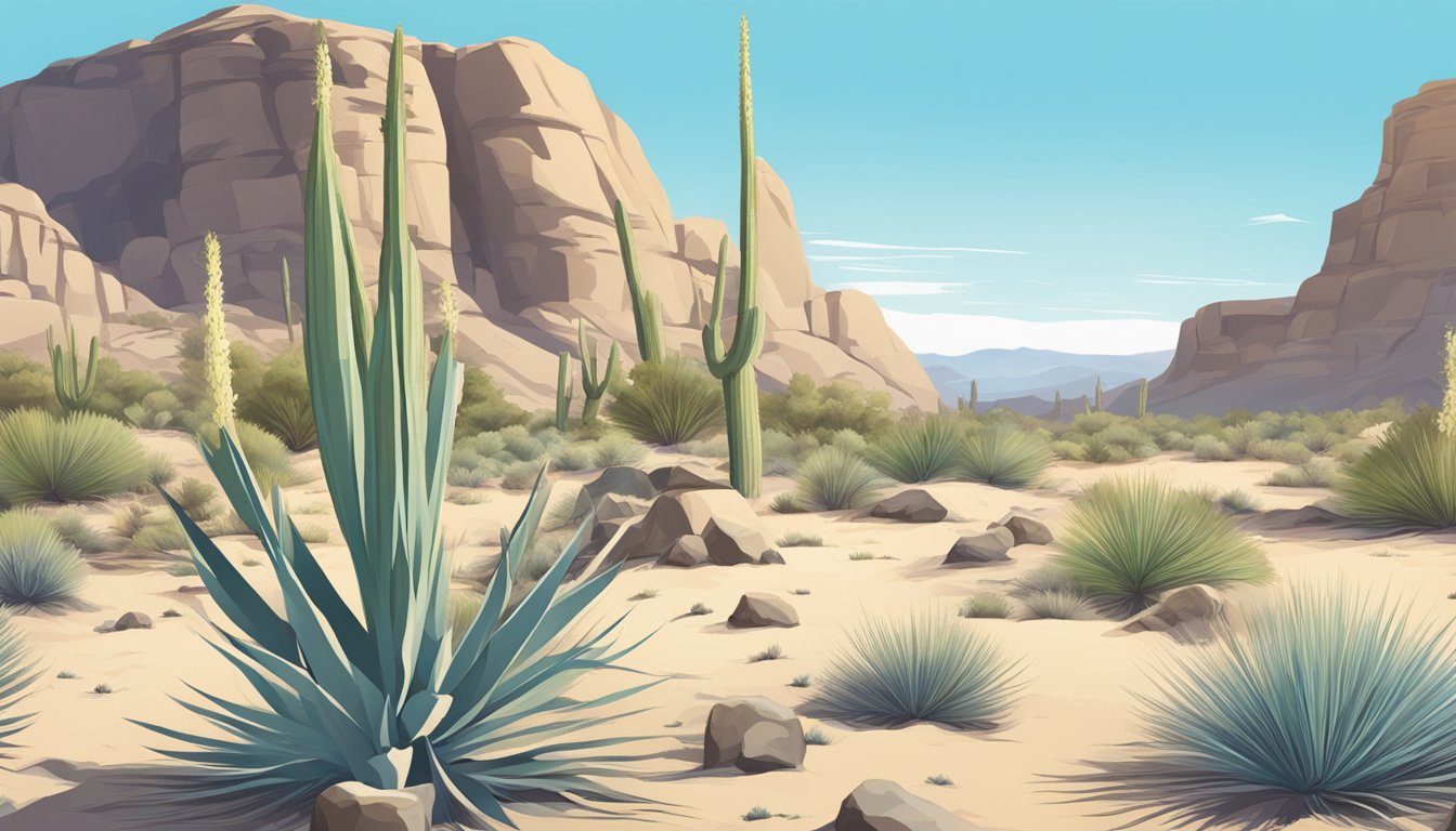 A desert landscape with yucca plants, rocks, and a clear blue sky