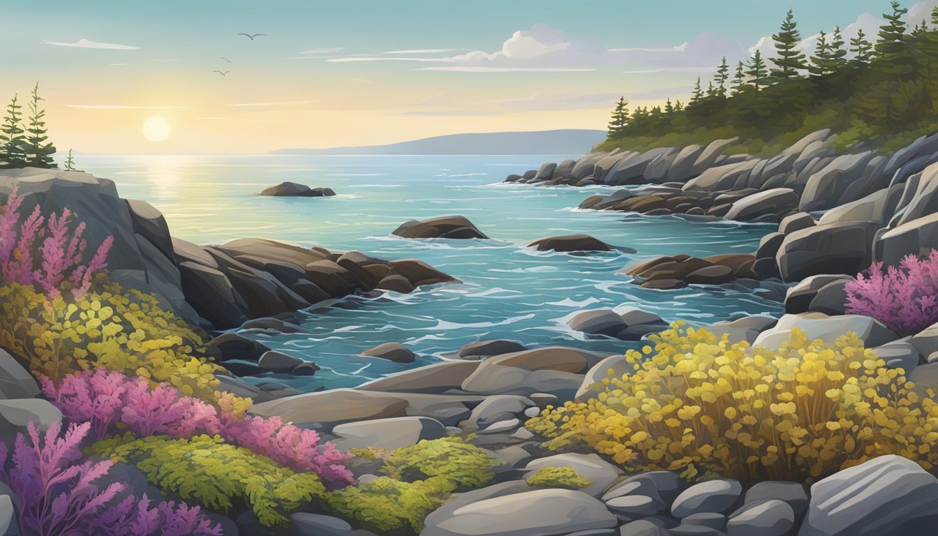 A rocky shoreline with colorful seaweed, shells, and coastal plants scattered along the coast of Nova Scotia