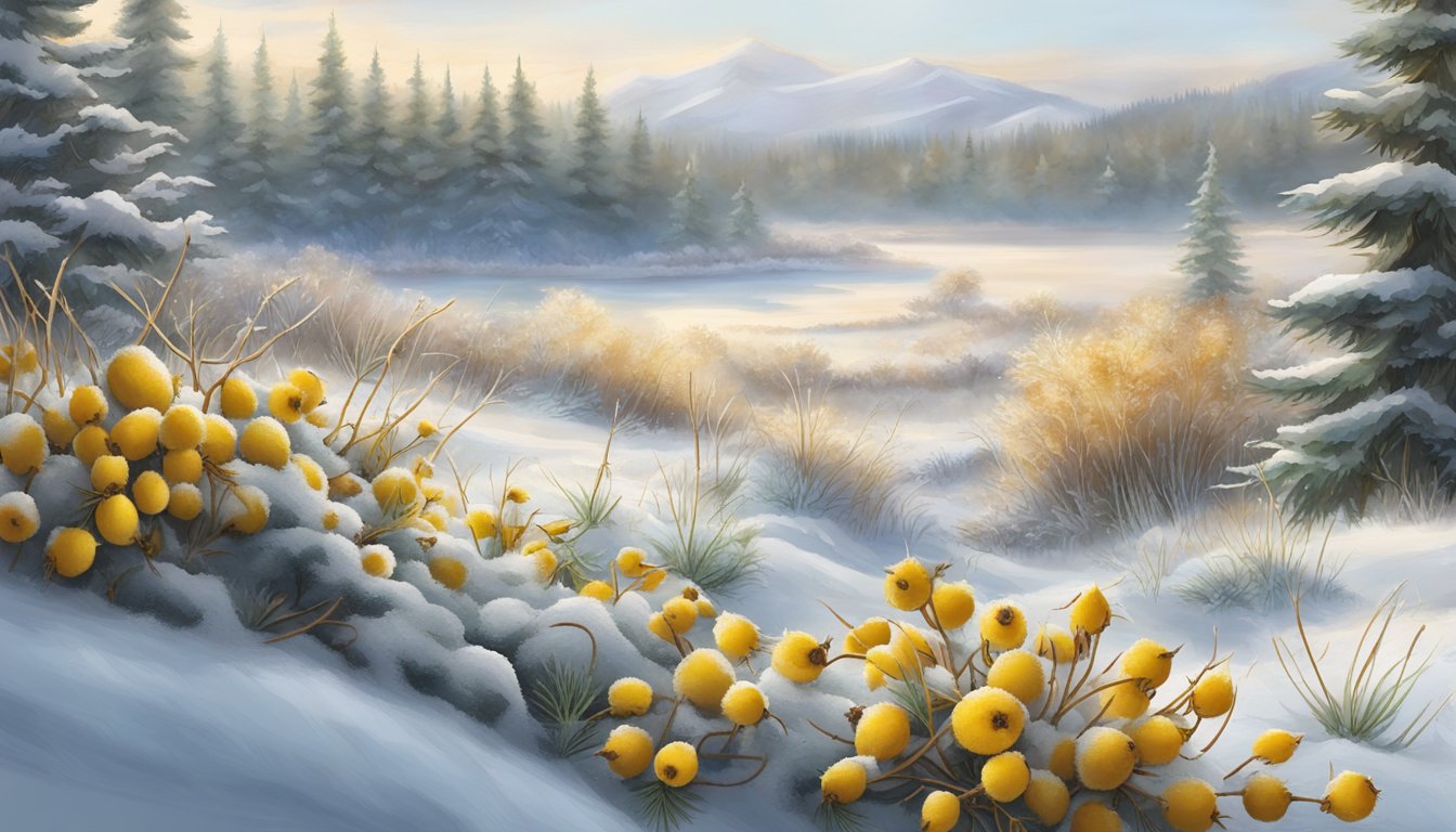 A snowy landscape with yellow dock plants poking through the frost, surrounded by other winter forageable edibles like rose hips and pine needles