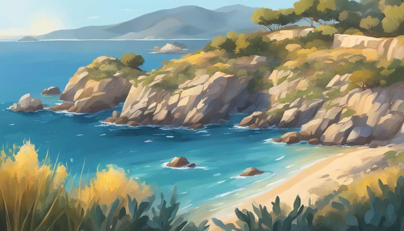 A rocky coastline with clear blue waters, wild herbs and plants growing along the shore, and a warm Mediterranean sun casting a golden glow over the landscape