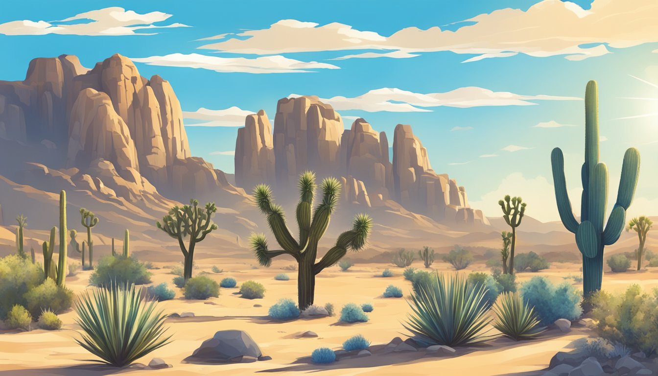 A desert landscape with Joshua trees, cacti, and rock formations, under a bright blue sky with the sun shining down