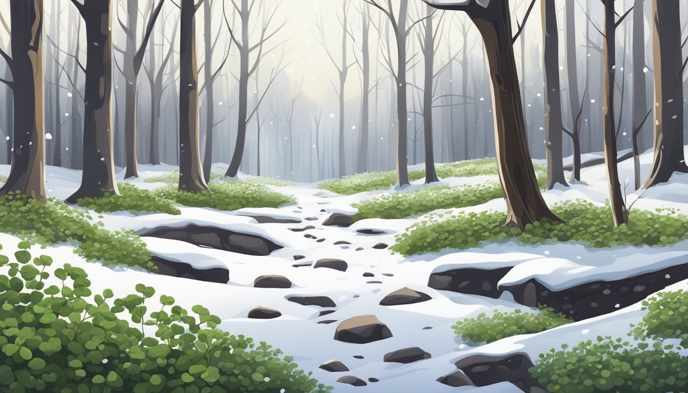 A snowy forest floor with watercress, surrounded by bare trees and patches of snow