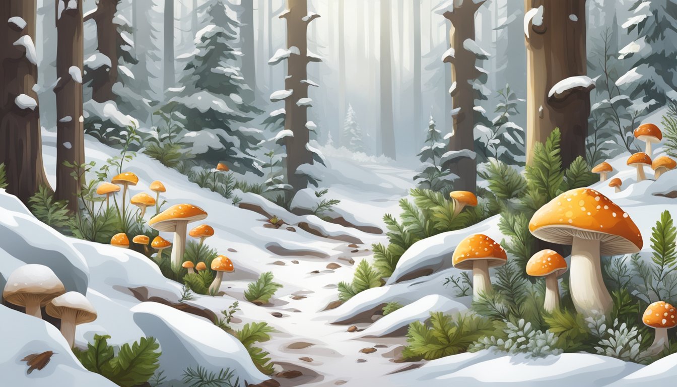 A snowy forest floor with various wild edibles such as mushrooms, berries, and herbs scattered among the white landscape