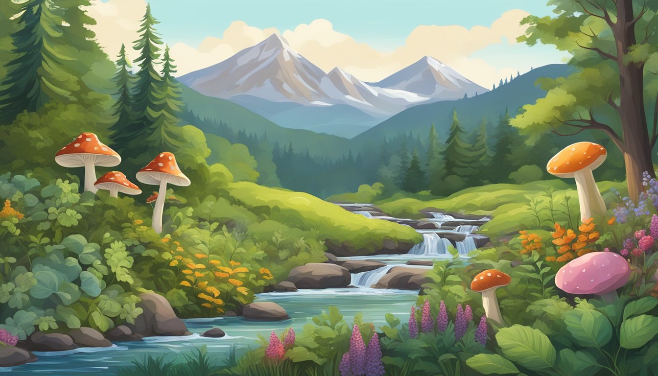 A lush forest with diverse flora, including berries, mushrooms, and herbs. A stream runs through the landscape, and a mountain looms in the distance