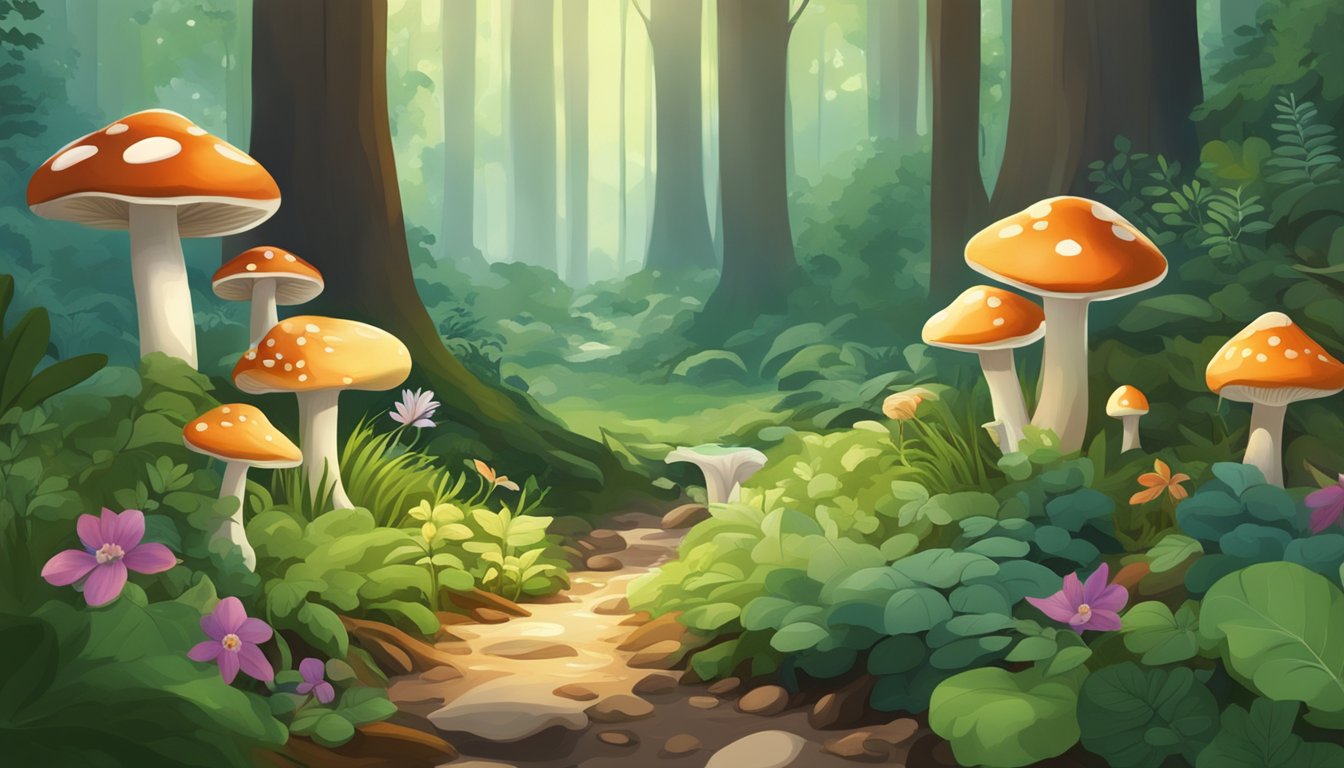 A lush forest floor with mushrooms, berries, and herbs. A small stream winds through the scene, surrounded by towering trees and dappled sunlight