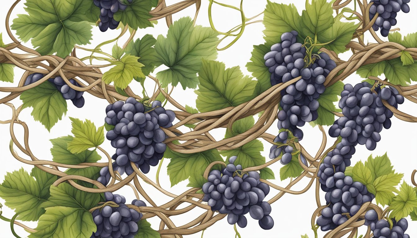 Wild grape vines intertwined with other wild plants, forming a tangle of natural rope material