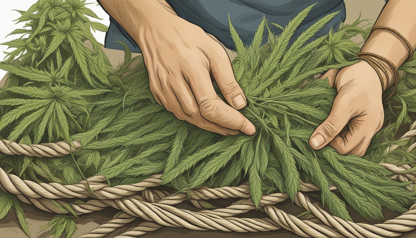 A collection of wild plants, such as hemp, sisal, and jute, are depicted being harvested and twisted into natural rope by skilled hands