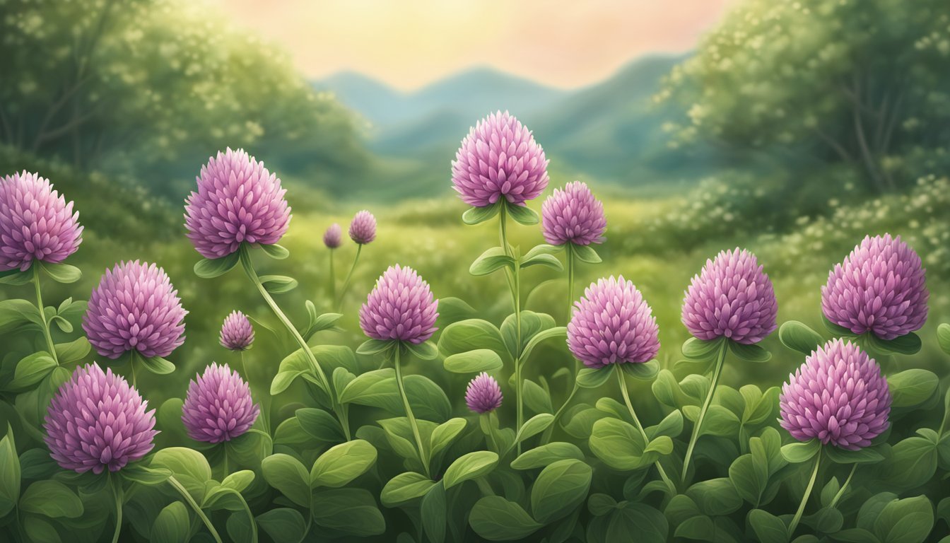 Six red clover plants surrounded by wild yeast in a natural setting