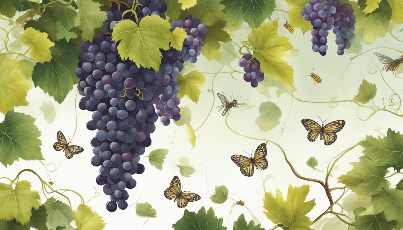 Six grapevines entwined with wild plants, surrounded by buzzing insects and a scattering of fallen grapes