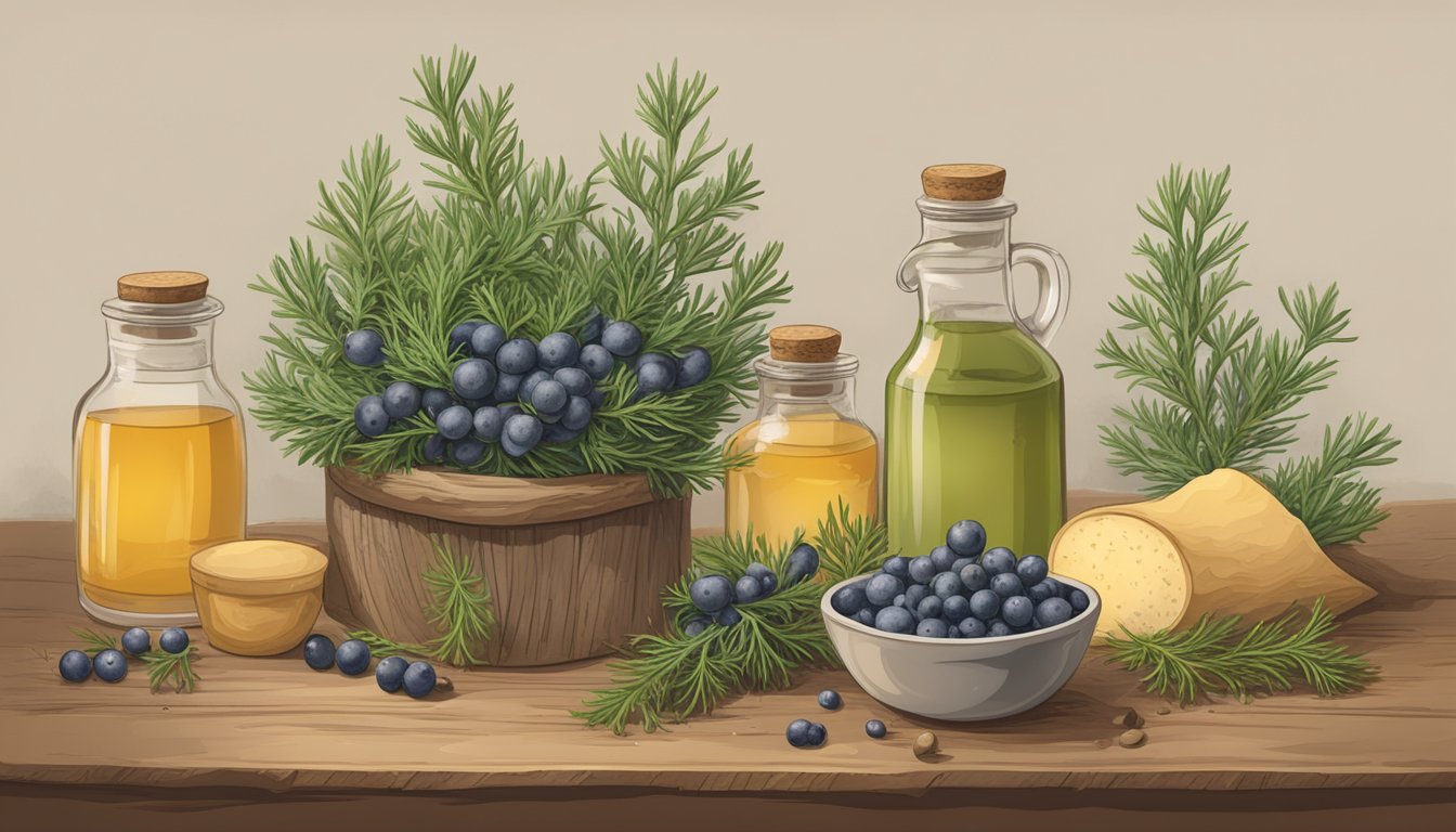 Six juniper berry plants surrounded by wild yeast, with a rustic, natural setting