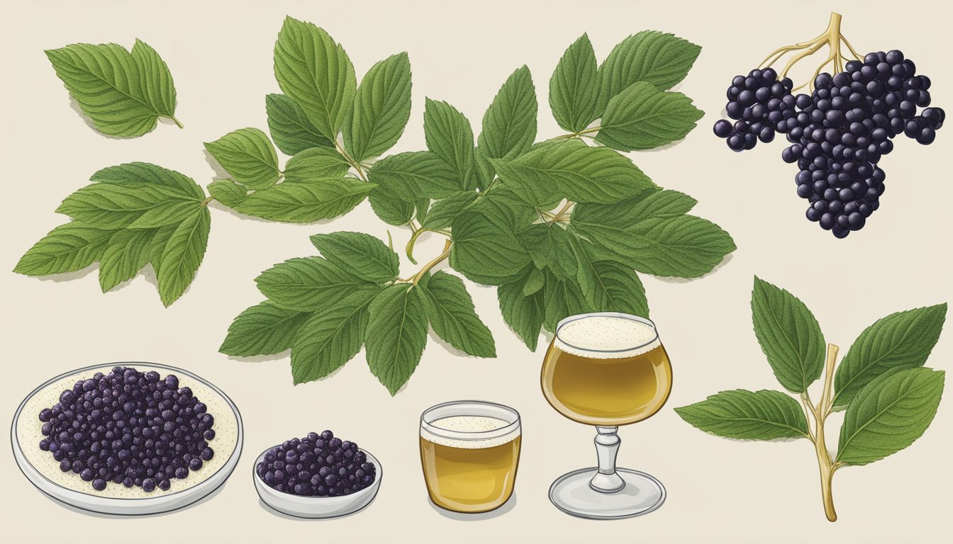 Six elderberry plants surrounded by wild yeast, with a bubbling fermentation process visible