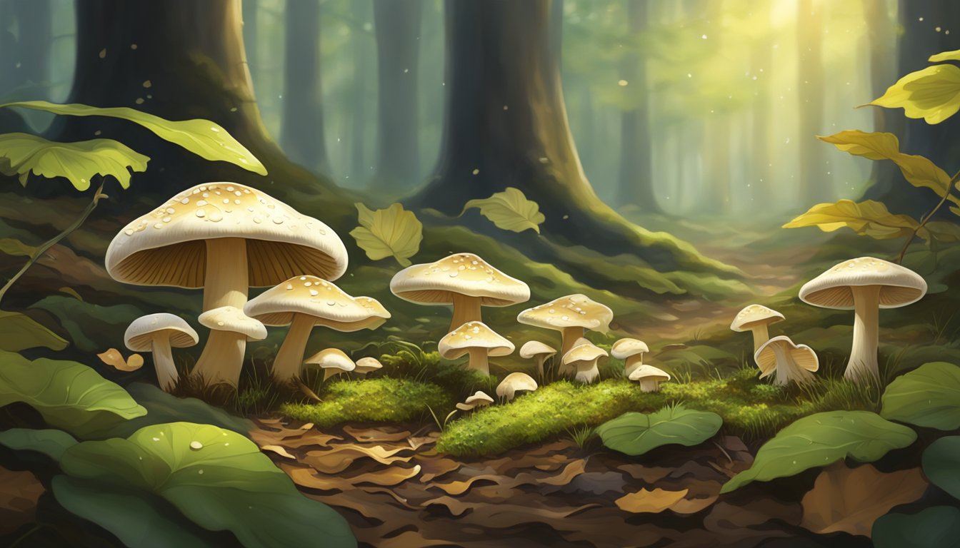 A lush forest floor with Tricholoma matsutake mushrooms sprouting after a rainstorm. The mushrooms are nestled among fallen leaves and dappled with sunlight filtering through the trees