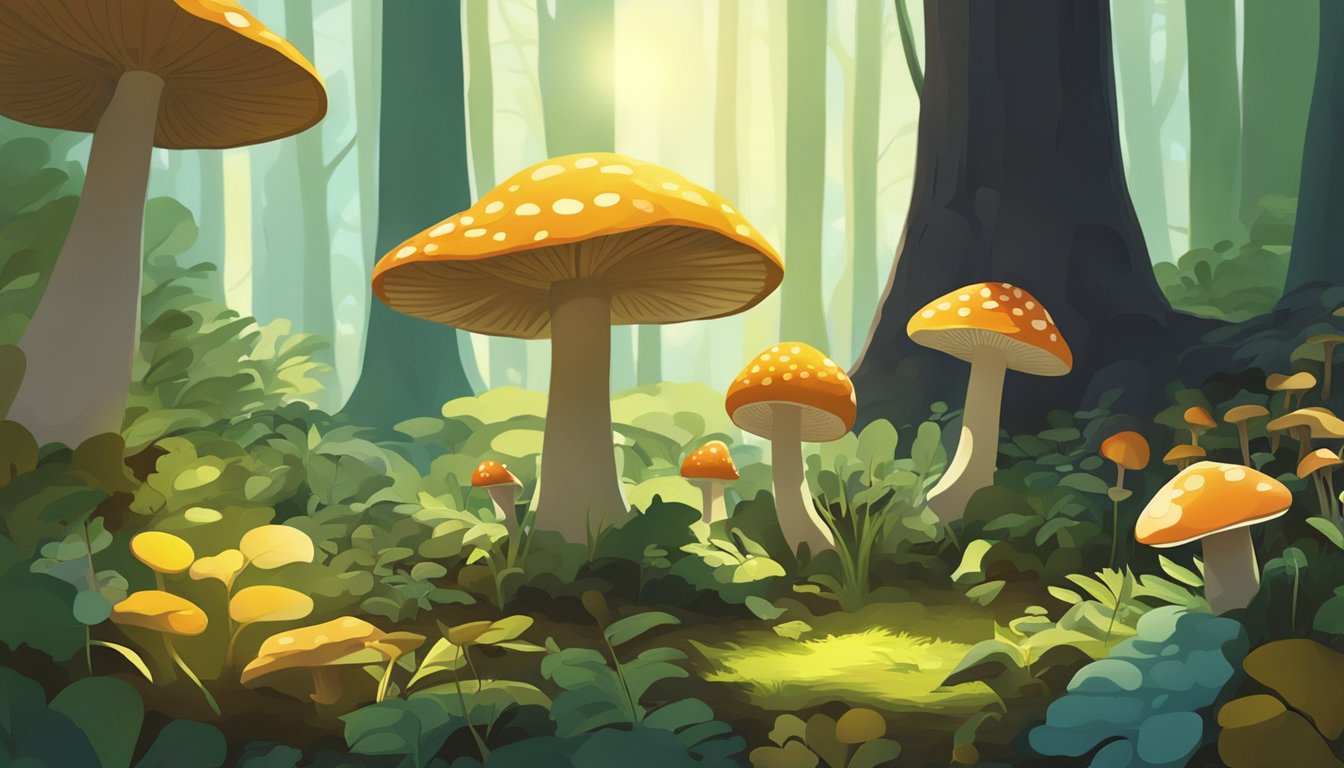 A lush forest floor with a variety of mushrooms in different shapes, sizes, and colors. Sunlight filters through the canopy, creating dappled shadows on the ground