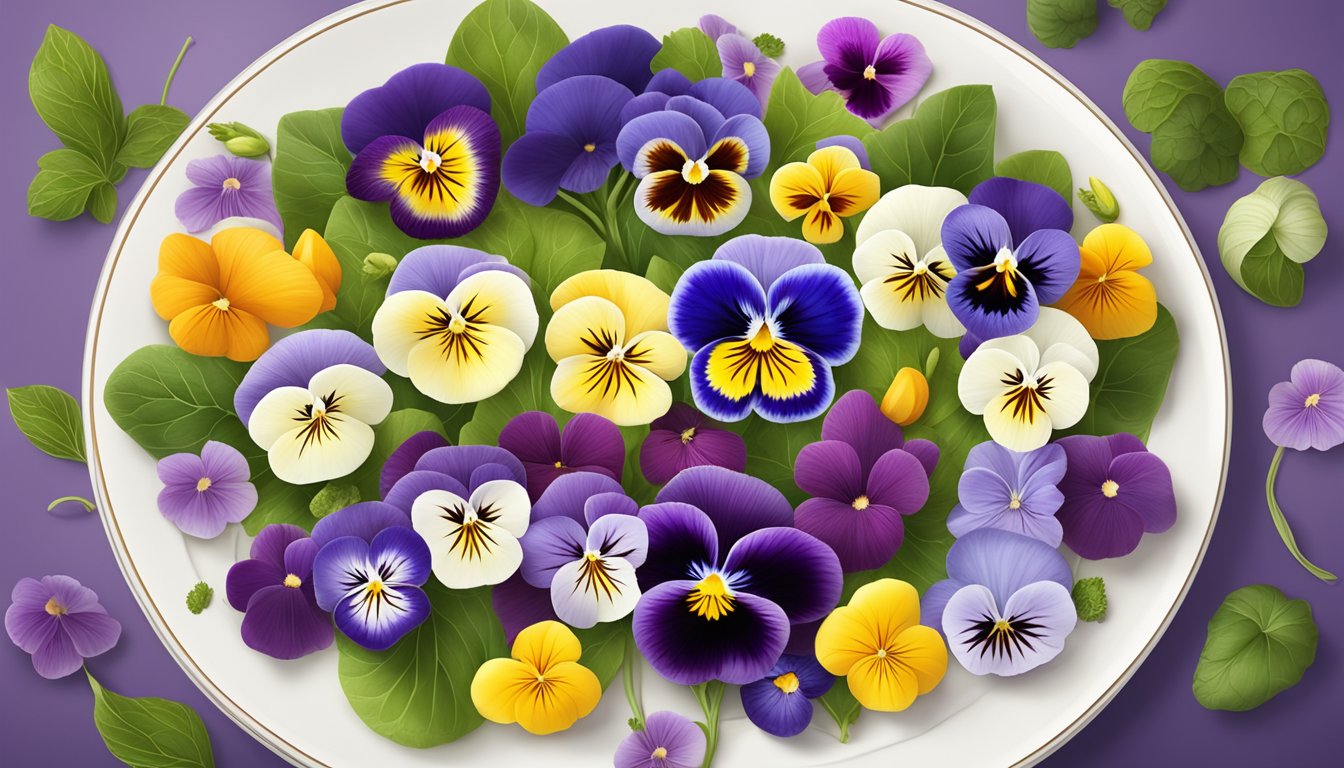 A colorful array of violets, pansies, and other edible flowers arranged on a plate, ready to garnish a variety of dishes