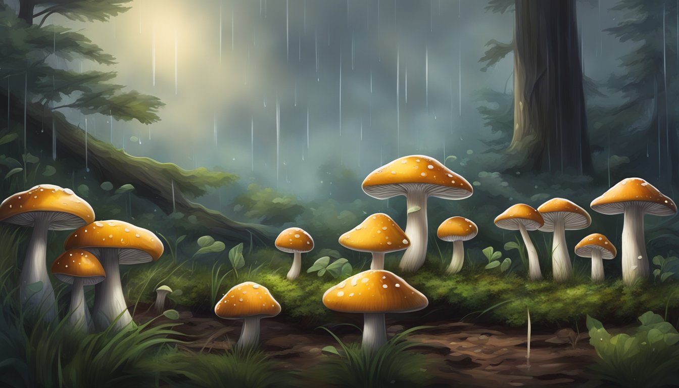 Mushrooms sprout from damp forest floor, glistening with raindrops under a dark, cloudy sky