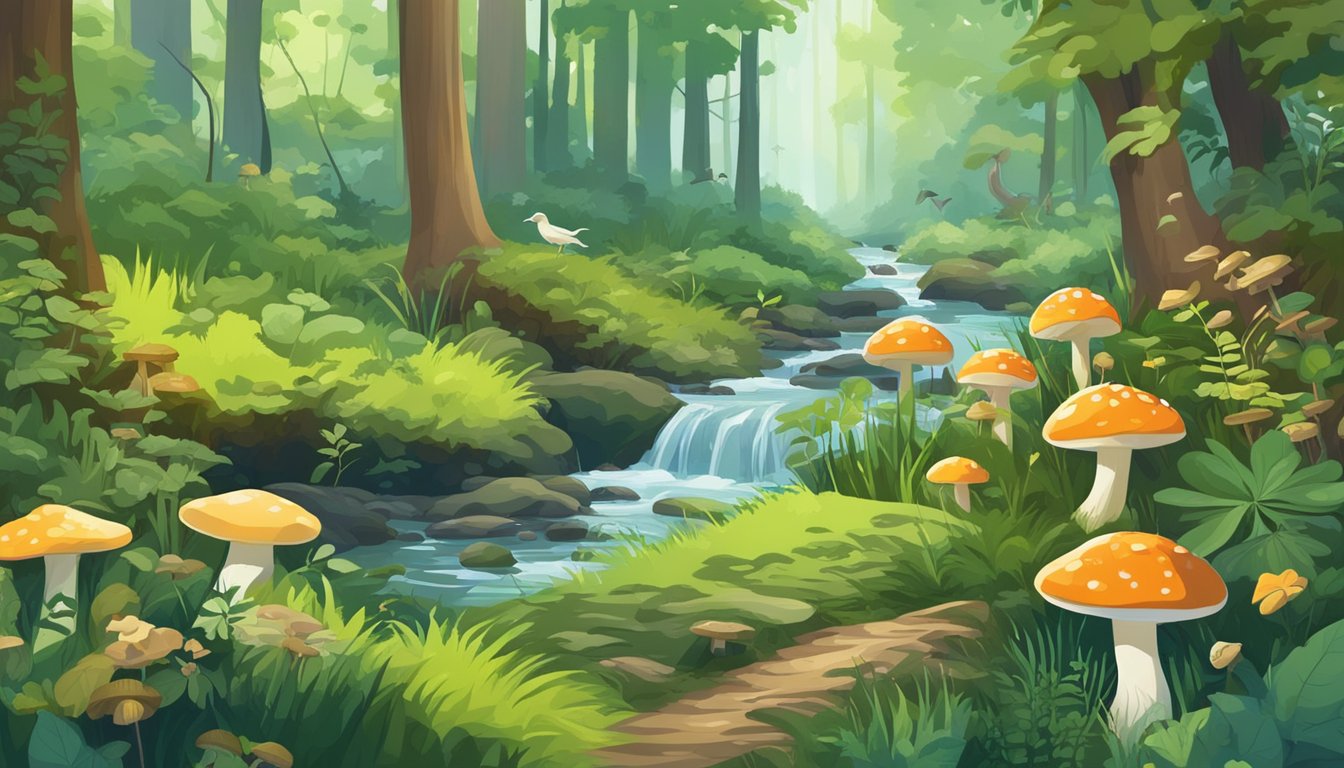 A lush forest with a variety of wild plants and mushrooms growing among the trees. A small stream runs through the landscape, and birds can be seen and heard in the distance