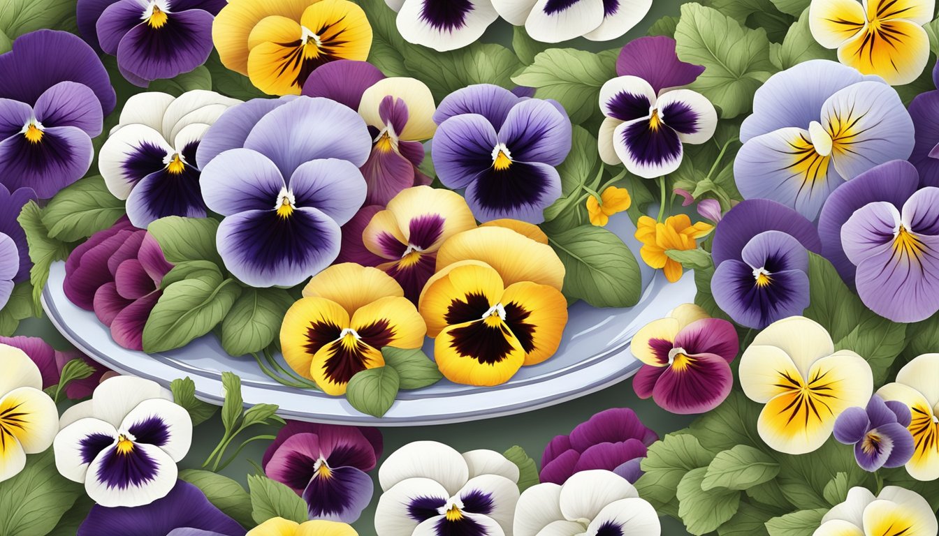 A colorful array of pansies and other edible flowers arranged on a plate, ready to garnish a variety of dishes