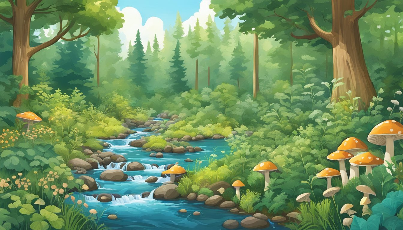 A lush forest with diverse plant life, a bubbling stream, and a clear blue sky overhead. Various types of forageable plants and mushrooms are scattered throughout the landscape