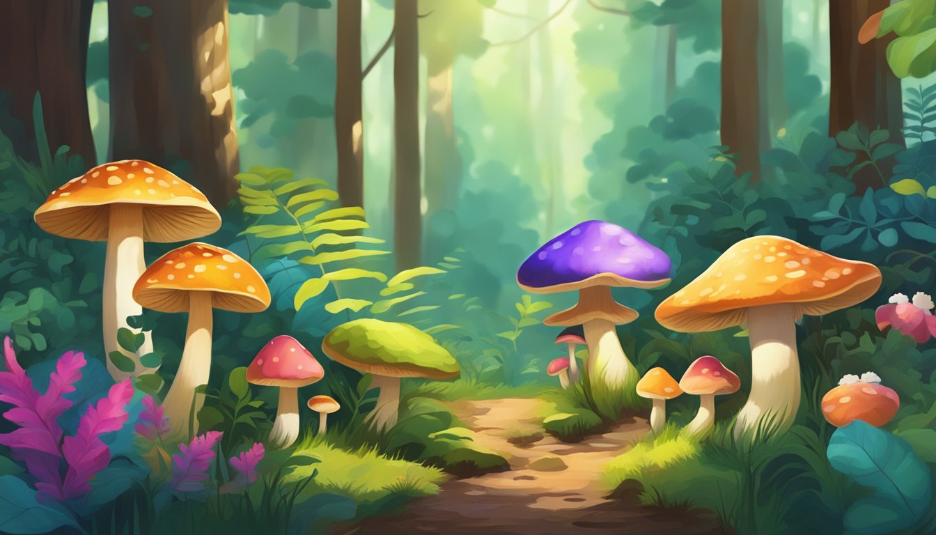 A variety of mushrooms in a forest setting, some with vibrant colors and unique shapes, surrounded by lush greenery and dappled sunlight