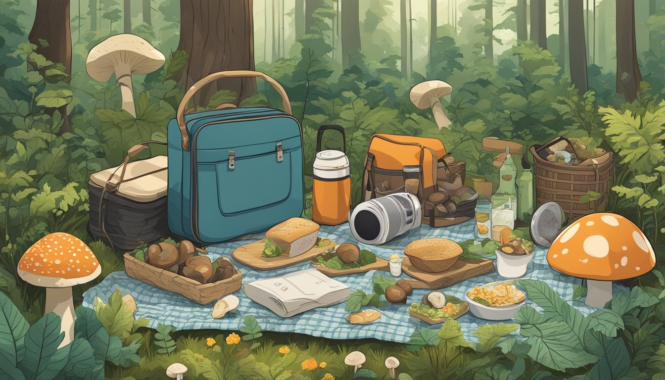 A lush forest with various wild plants and mushrooms scattered around. A picnic blanket with a basket of foraged goods and a portable speaker playing a podcast