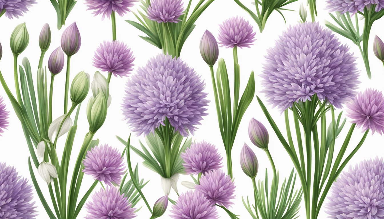 A vibrant assortment of chive blossoms, dainty and delicate, arranged on a pristine white plate, ready to garnish a variety of dishes