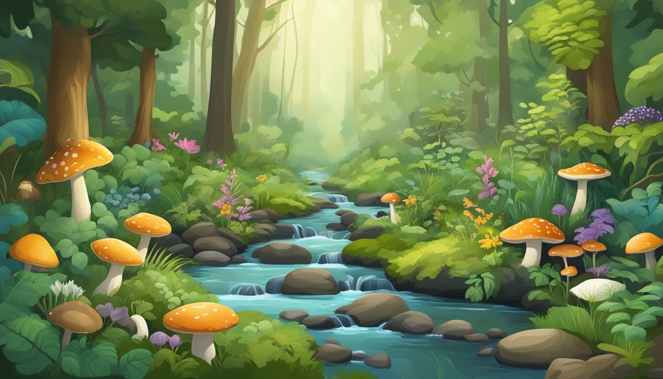 A lush forest with various edible plants and mushrooms, a tranquil stream, and a diverse array of wildlife