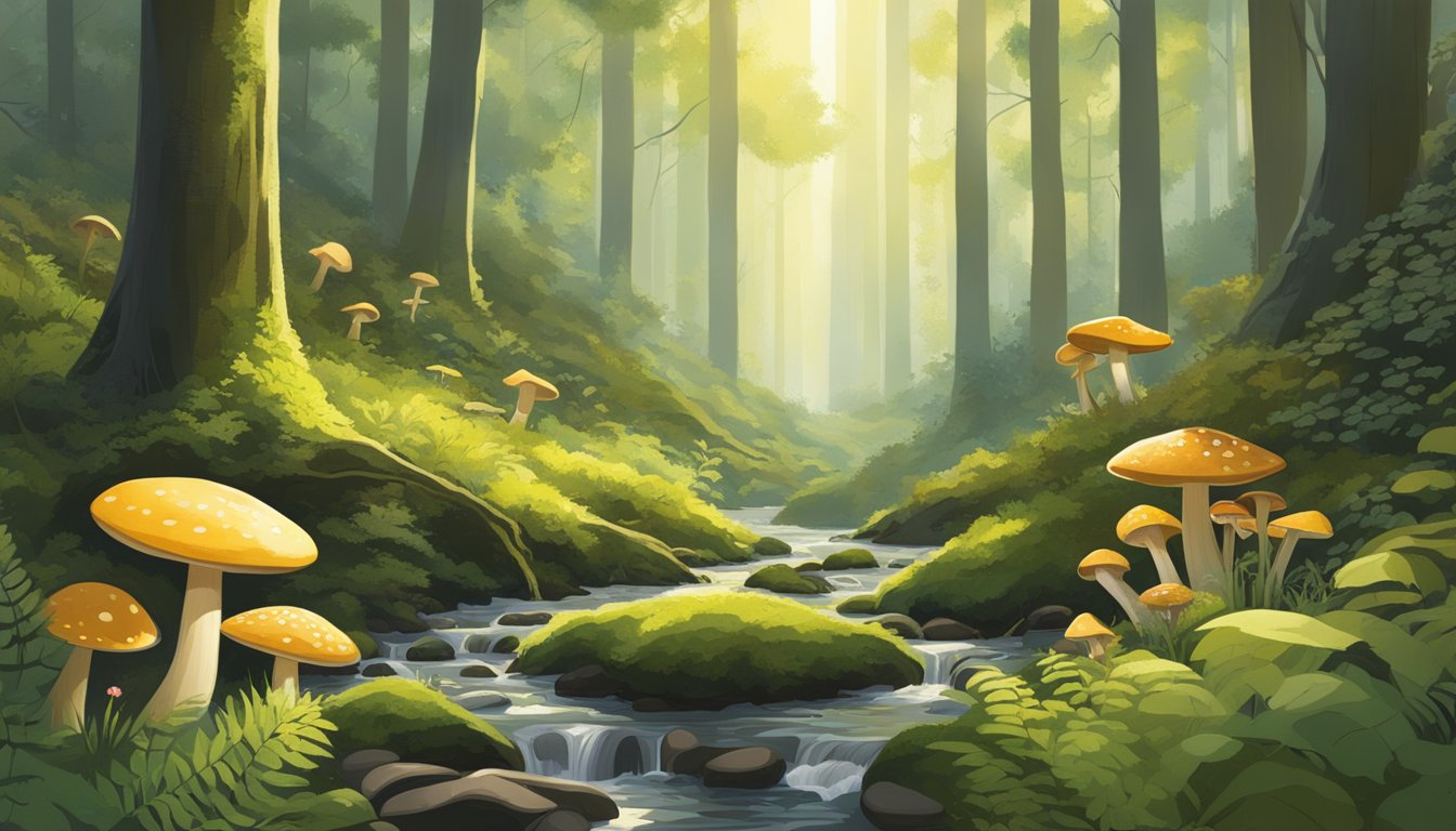 Sunlight filters through dense forest canopy onto a moss-covered forest floor, where mushrooms and wild herbs grow abundantly. Birdsong fills the air as a small stream trickles nearby