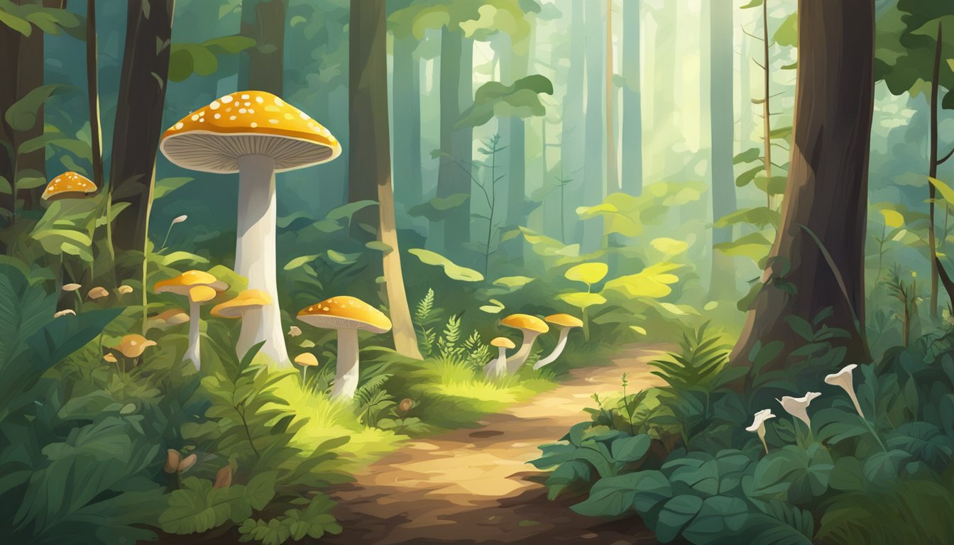 A lush forest with various wild plants and mushrooms growing on the forest floor, while birds chirp and sunlight filters through the trees