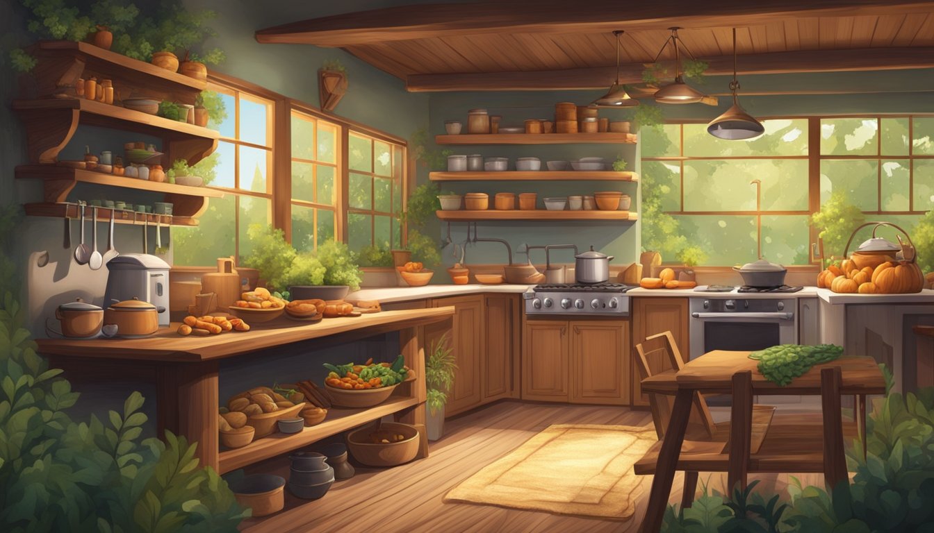 A cozy, rustic kitchen with shelves of preserved foods and a crackling fire. Outside, a lush forest with a winding path and a stream