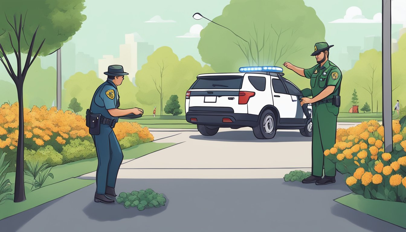 A person being stopped by a park ranger while collecting plants in a public park