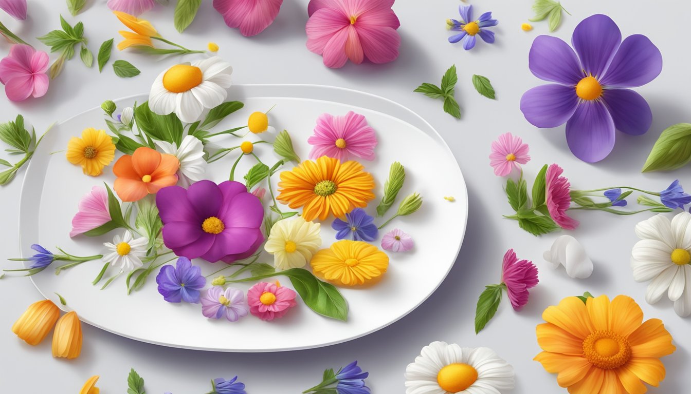 A variety of colorful edible flowers arranged on a white plate with delicate garnishing tools nearby