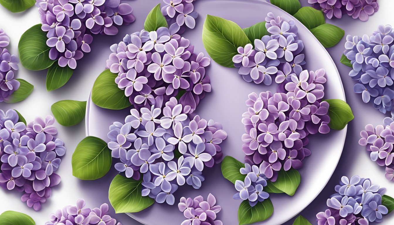 A colorful array of 17 edible lilac flowers arranged on a plate, ready to garnish dishes