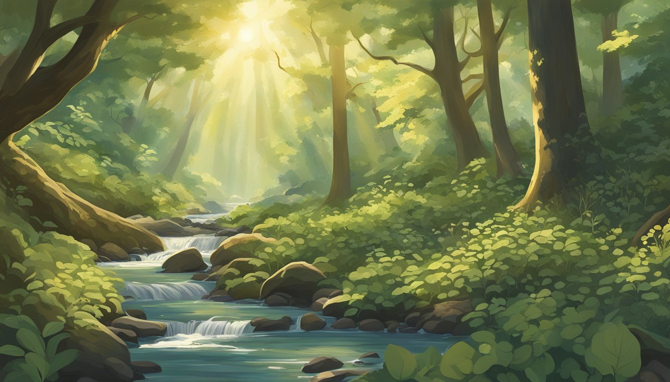 A lush forest with diverse plant life, a bubbling stream, and various wild edibles scattered throughout the landscape. The sun shines through the canopy, creating dappled light on the forest floor